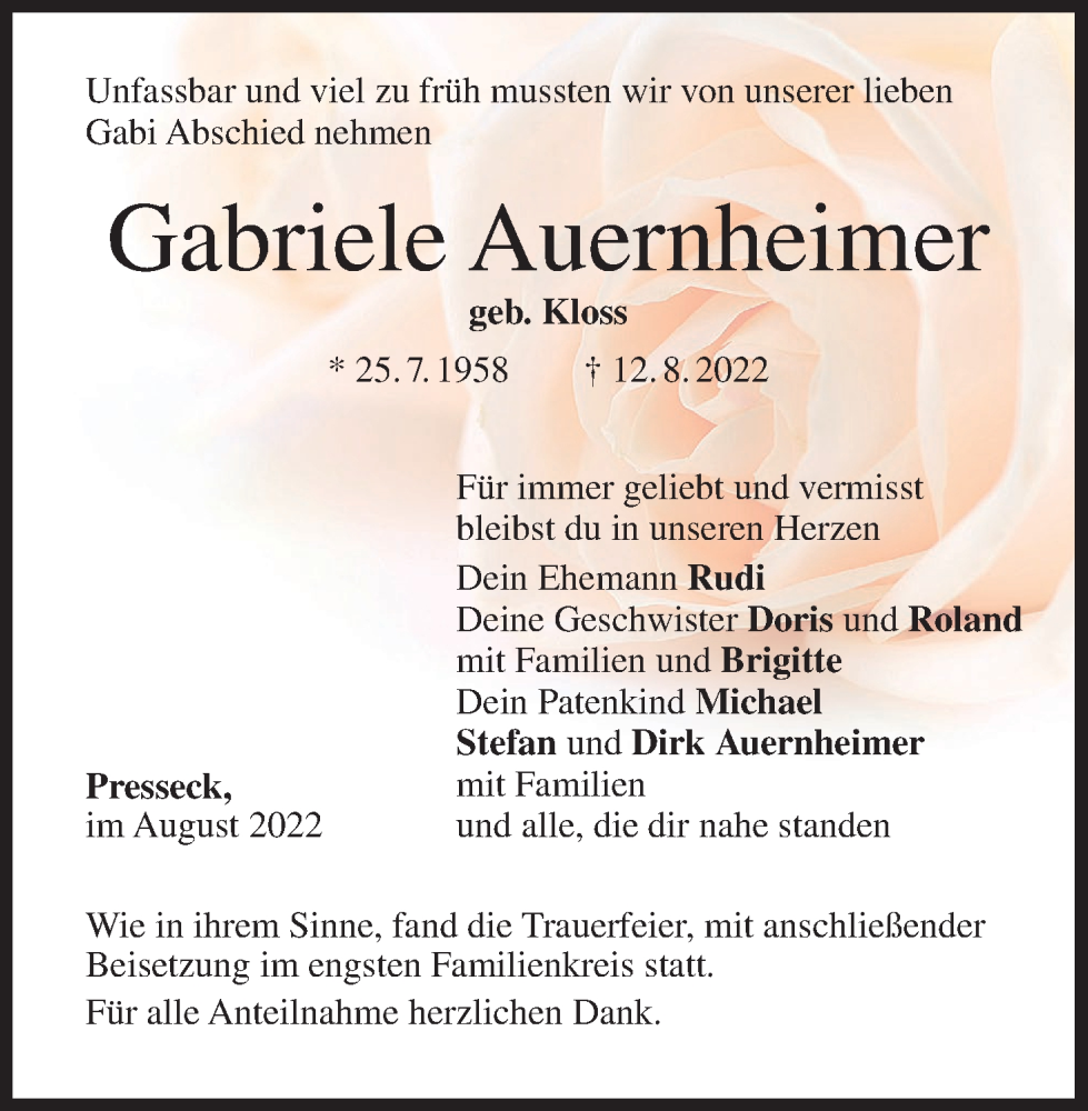  Traueranzeige für Gabriele Auernheimer vom 03.09.2022 aus MGO