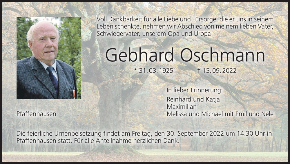  Traueranzeige für Gebhard Oschmann vom 24.09.2022 aus MGO