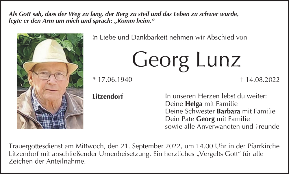 Traueranzeige für Georg Lunz vom 17.09.2022 aus MGO