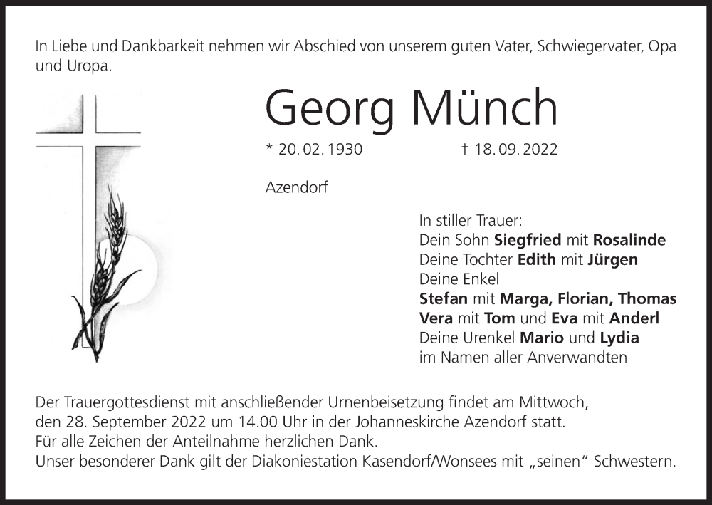  Traueranzeige für Georg Münch vom 24.09.2022 aus MGO