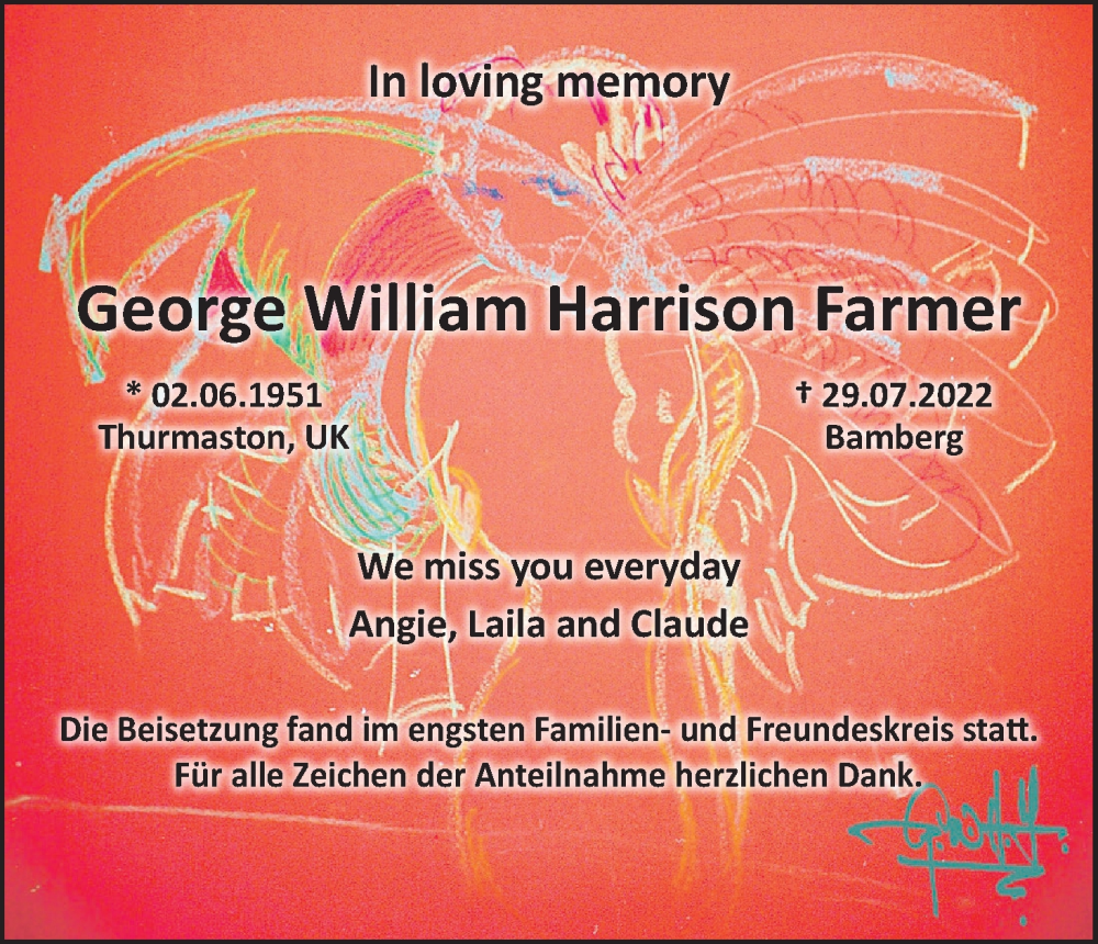  Traueranzeige für George William Harrison Farmer vom 24.09.2022 aus MGO
