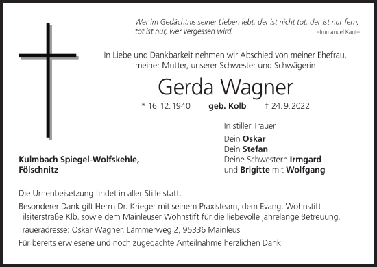 Anzeige von Gerda Wagner von MGO