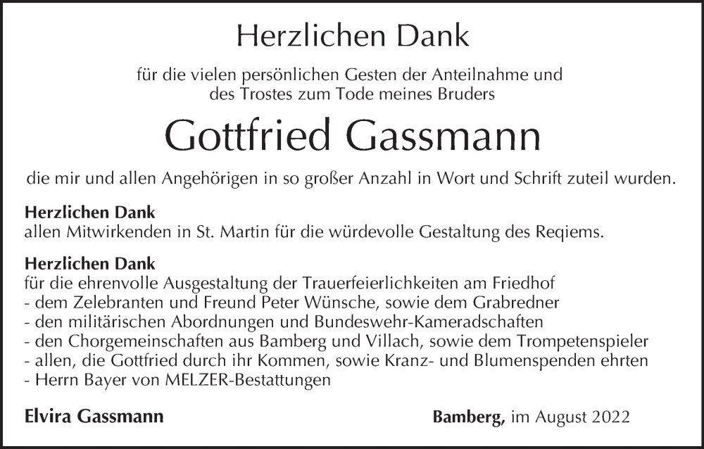  Traueranzeige für Gottfried Gassmann vom 03.09.2022 aus MGO