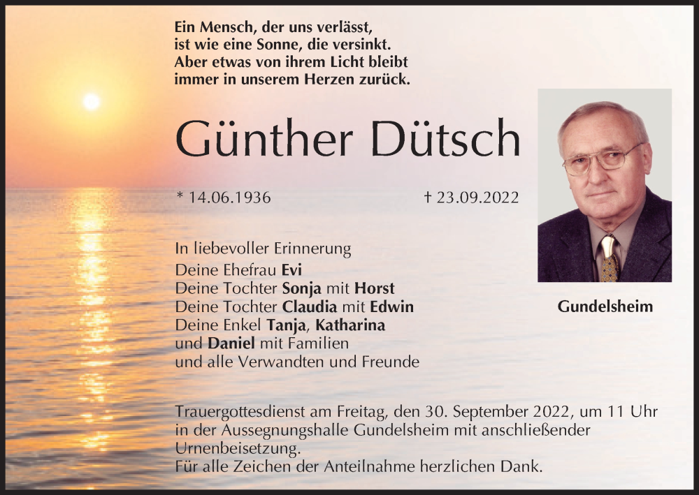  Traueranzeige für Günther Dütsch vom 27.09.2022 aus MGO