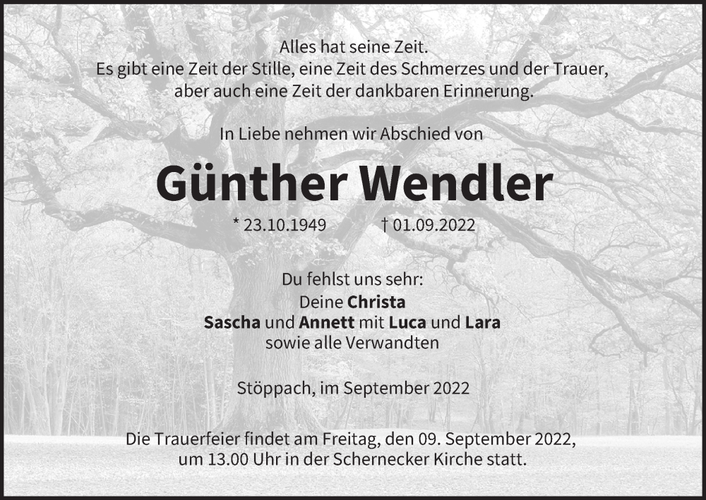  Traueranzeige für Günther Wendler vom 07.09.2022 aus MGO