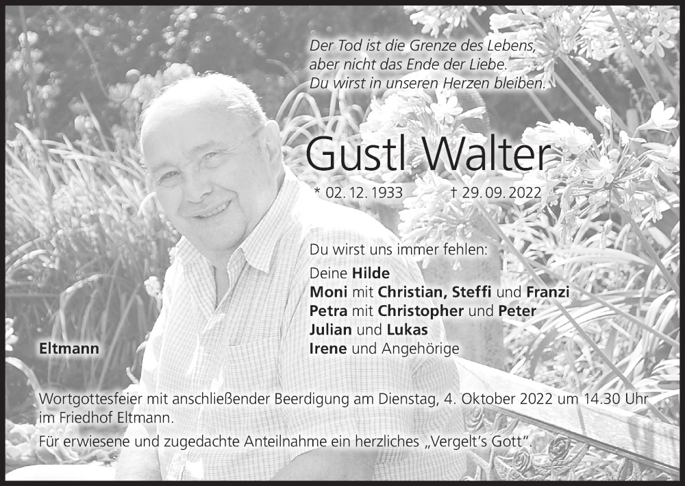 Traueranzeige für Gustl Walter vom 01.10.2022 aus MGO