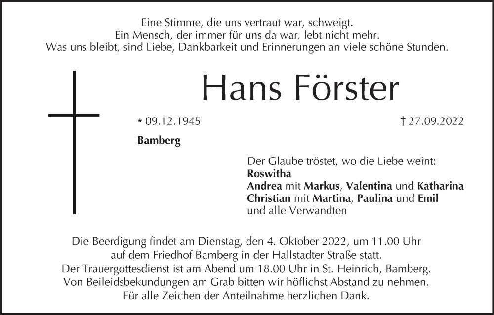  Traueranzeige für Hans Förster vom 01.10.2022 aus MGO