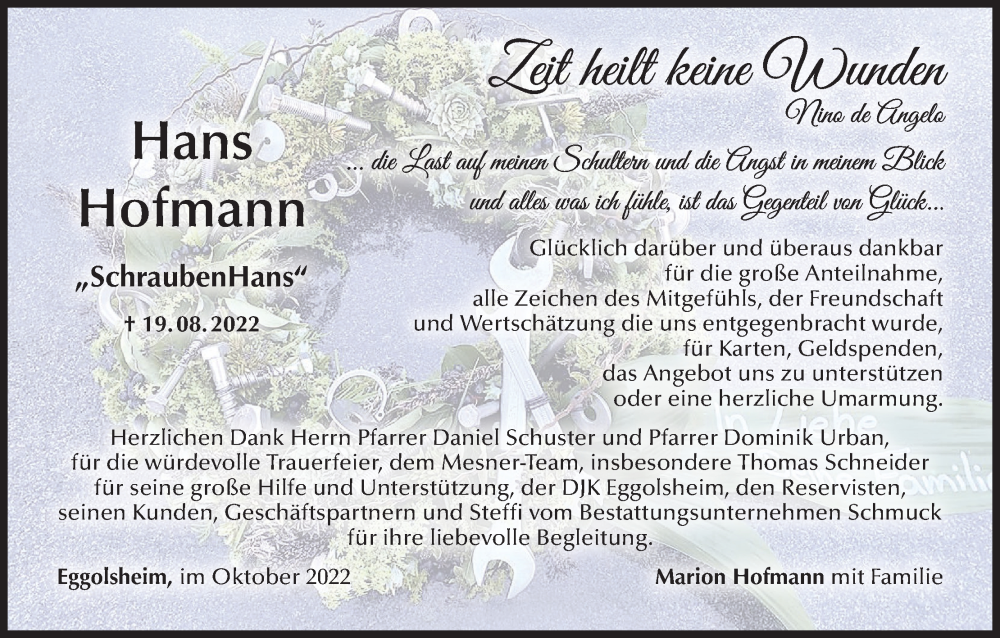  Traueranzeige für Hans Hofmann vom 01.10.2022 aus MGO