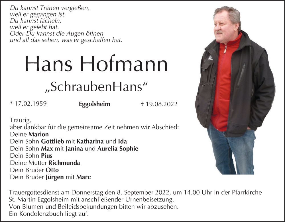  Traueranzeige für Hans Hofmann vom 03.09.2022 aus MGO