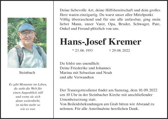 Anzeige von Hans-Josef Kremer von MGO