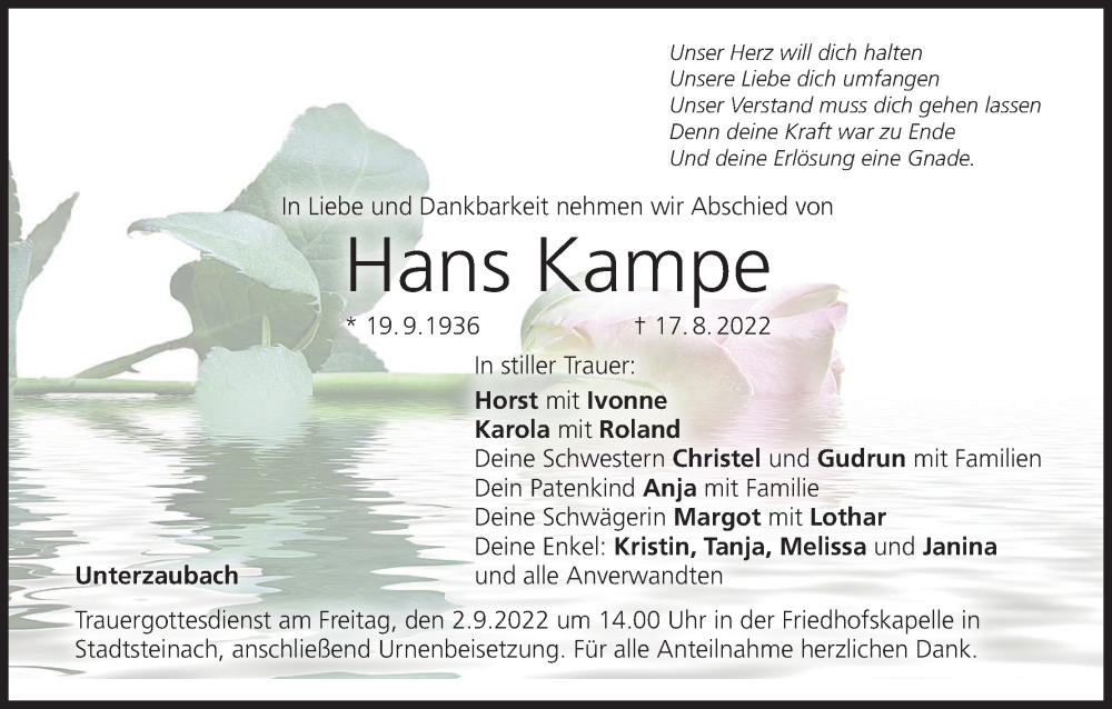  Traueranzeige für Hans Kampe vom 31.08.2022 aus MGO