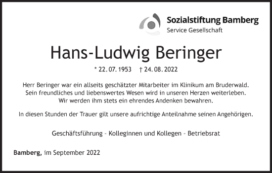 Anzeige von Hans-Ludwig Beringer von MGO