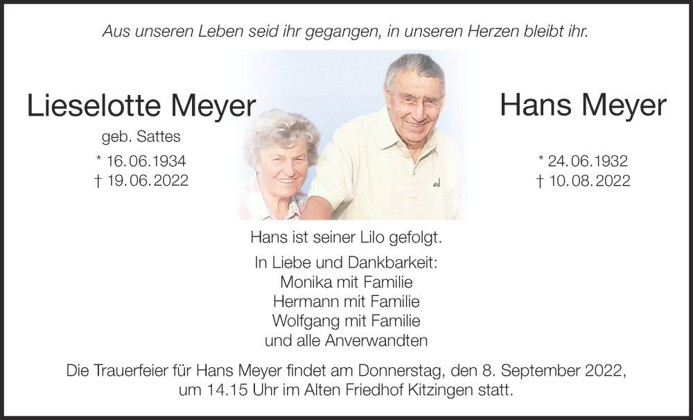  Traueranzeige für Hans Meyer vom 03.09.2022 aus MGO