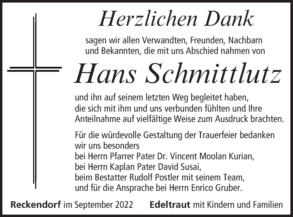  Traueranzeige für Hans Schmittlutz vom 01.10.2022 aus MGO