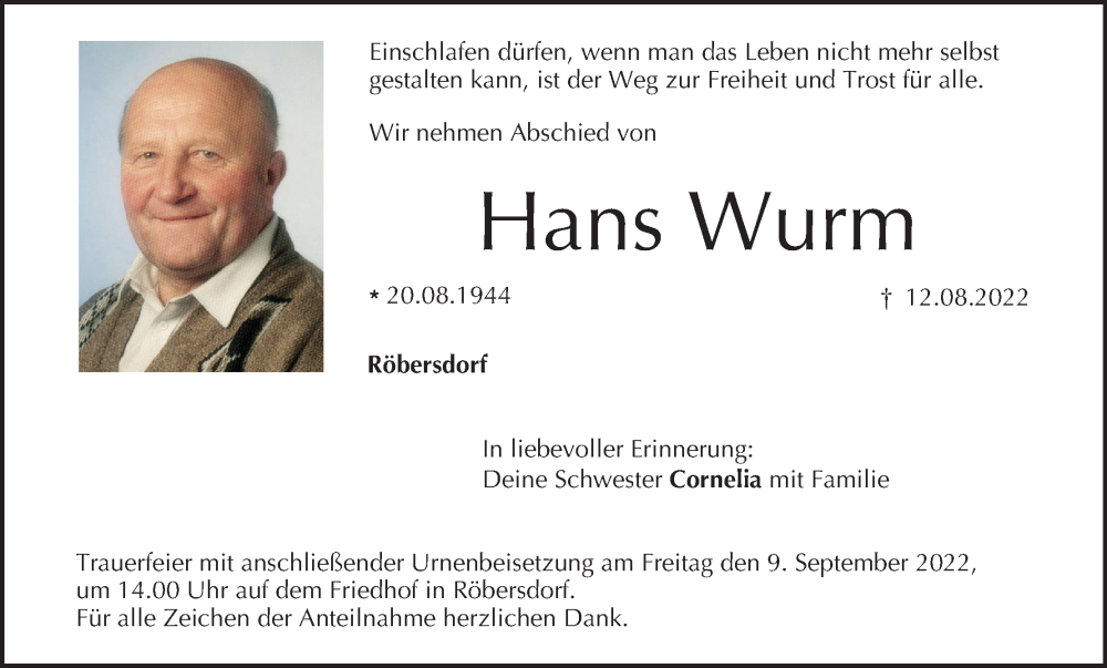  Traueranzeige für Hans Wurm vom 03.09.2022 aus MGO