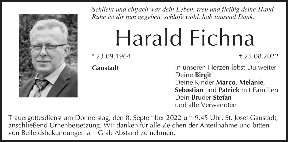  Traueranzeige für Harald Fichna vom 03.09.2022 aus MGO