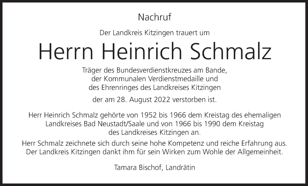  Traueranzeige für Heinrich Schmalz vom 08.09.2022 aus MGO