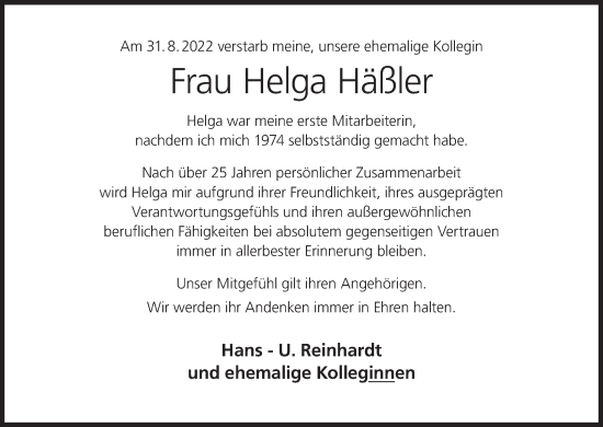 Anzeige von Helga Häßler von MGO