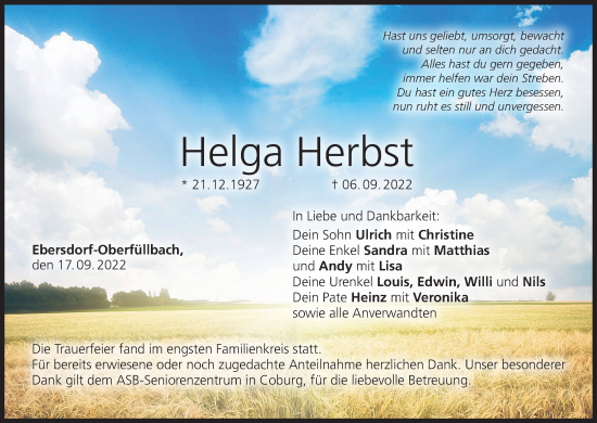 Anzeige von Helga Herbst von MGO