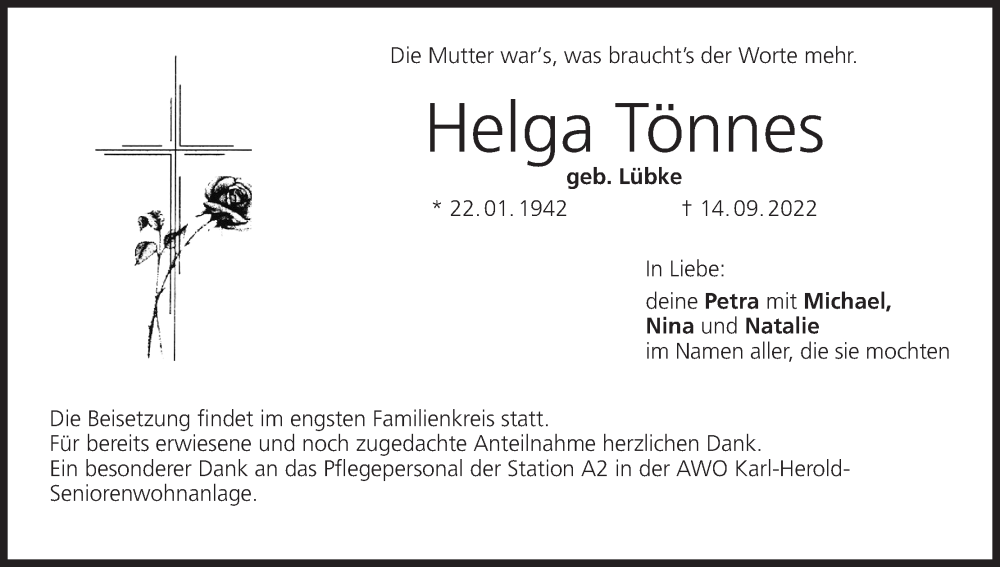  Traueranzeige für Helga Tönnes vom 17.09.2022 aus MGO