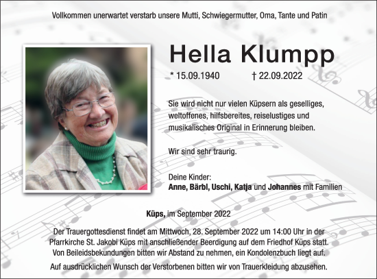 Anzeige von Hella Klumpp von MGO