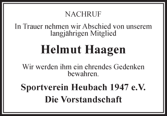 Anzeige von Helmut Haagen von MGO