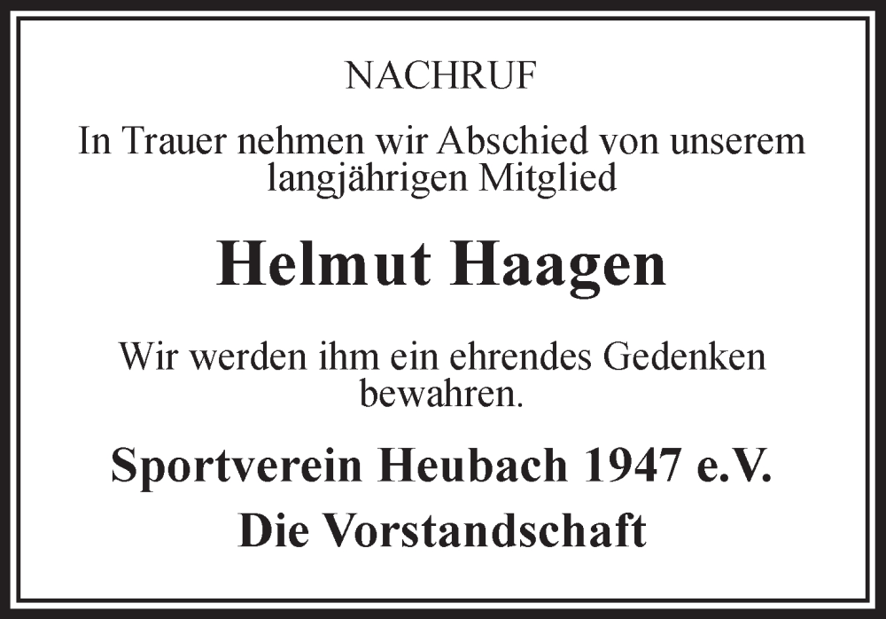  Traueranzeige für Helmut Haagen vom 21.09.2022 aus MGO