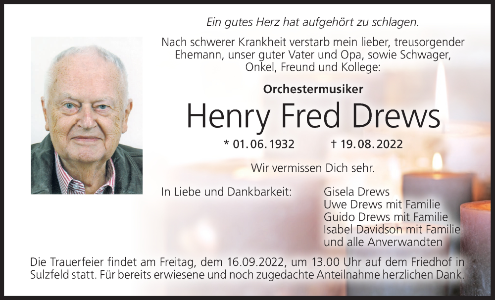  Traueranzeige für Henry Fred Drews vom 10.09.2022 aus MGO