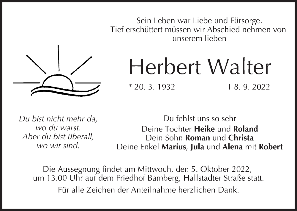  Traueranzeige für Herbert Walter vom 01.10.2022 aus MGO