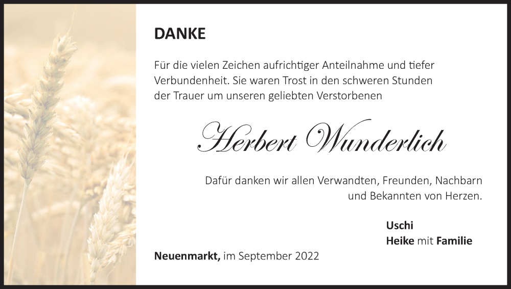  Traueranzeige für Herbert Wunderlich vom 17.09.2022 aus MGO