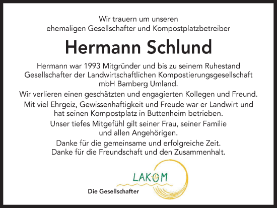 Anzeige von Hermann Schlund von MGO