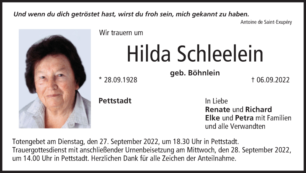 Traueranzeige für Hilda Schleelein vom 24.09.2022 aus MGO