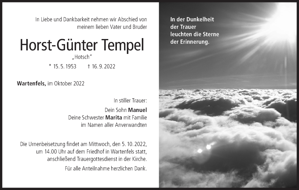  Traueranzeige für Horst-Günter Tempel vom 01.10.2022 aus MGO