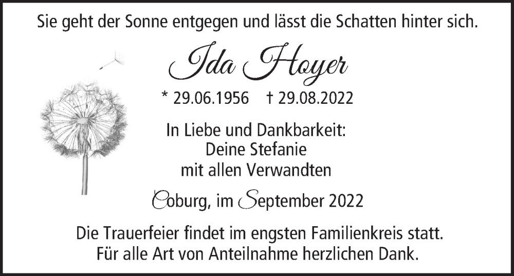  Traueranzeige für Ida Hoyer vom 03.09.2022 aus MGO