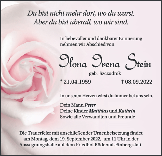 Anzeige von Ilona Irena Stein von MGO