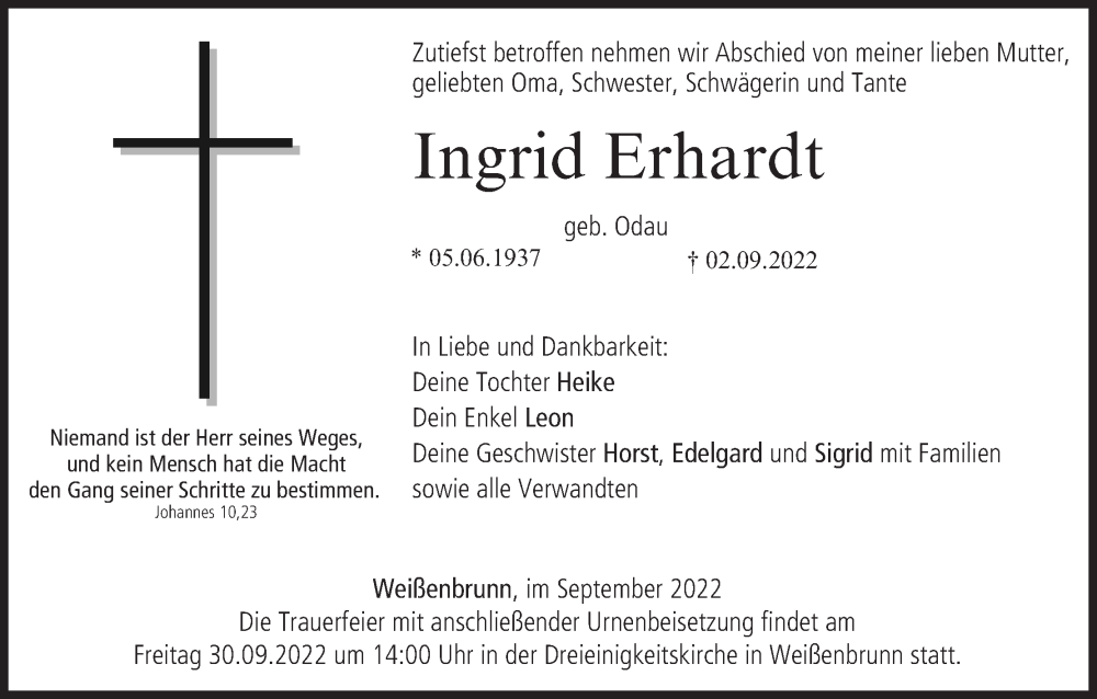  Traueranzeige für Ingrid Erhardt vom 27.09.2022 aus MGO