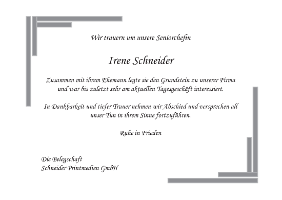 Anzeige von Irene Schneider von MGO
