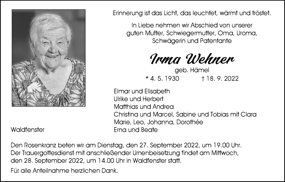  Traueranzeige für Irma Wehner vom 22.09.2022 aus MGO