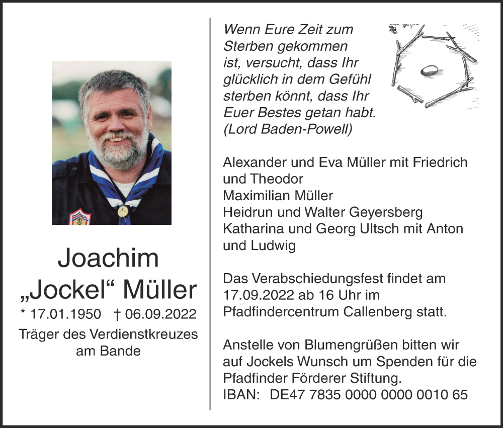 Traueranzeige für Joachim Müller vom 10.09.2022 aus MGO