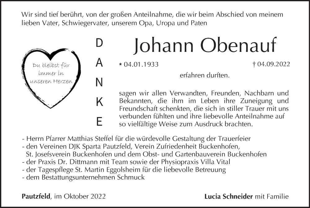  Traueranzeige für Johann Obenauf vom 01.10.2022 aus MGO