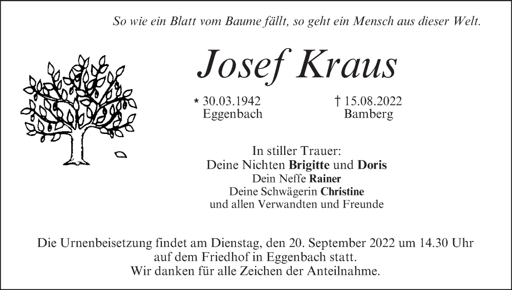  Traueranzeige für Josef Kraus vom 17.09.2022 aus MGO