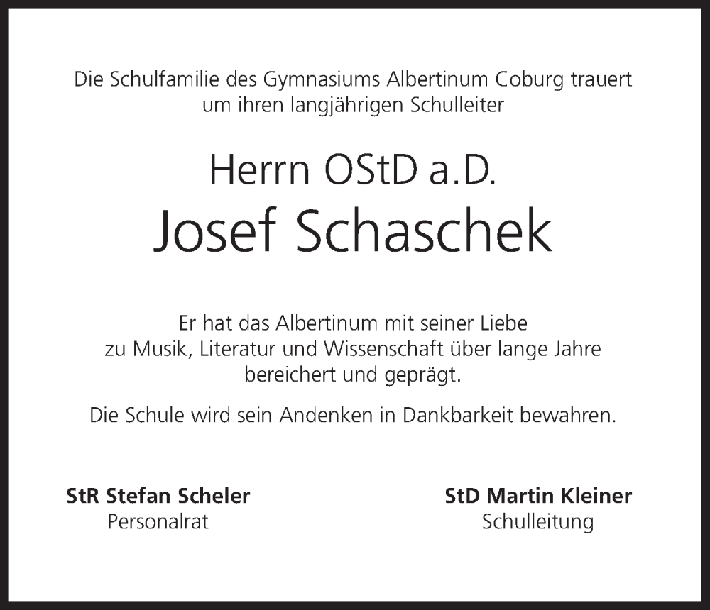  Traueranzeige für Josef Schaschek vom 09.09.2022 aus MGO