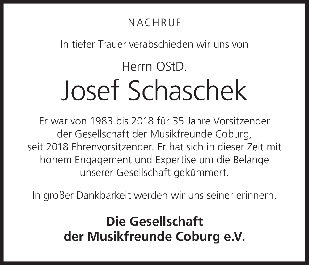 Traueranzeige für Josef Schaschek vom 03.09.2022 aus MGO