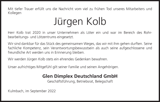 Anzeige von Jürgen Kolb von MGO