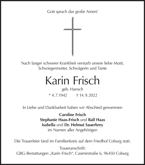 Anzeige von Karin Frisch von MGO