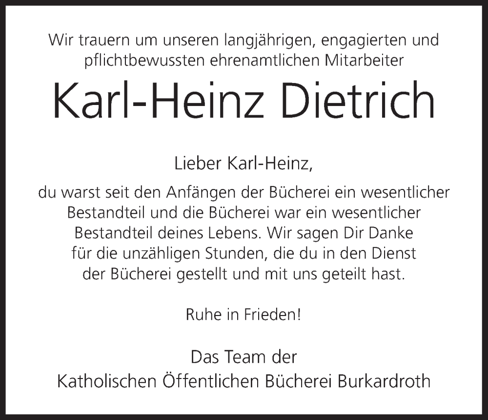 Traueranzeige für Karl-Heinz Dietrich vom 27.09.2022 aus MGO