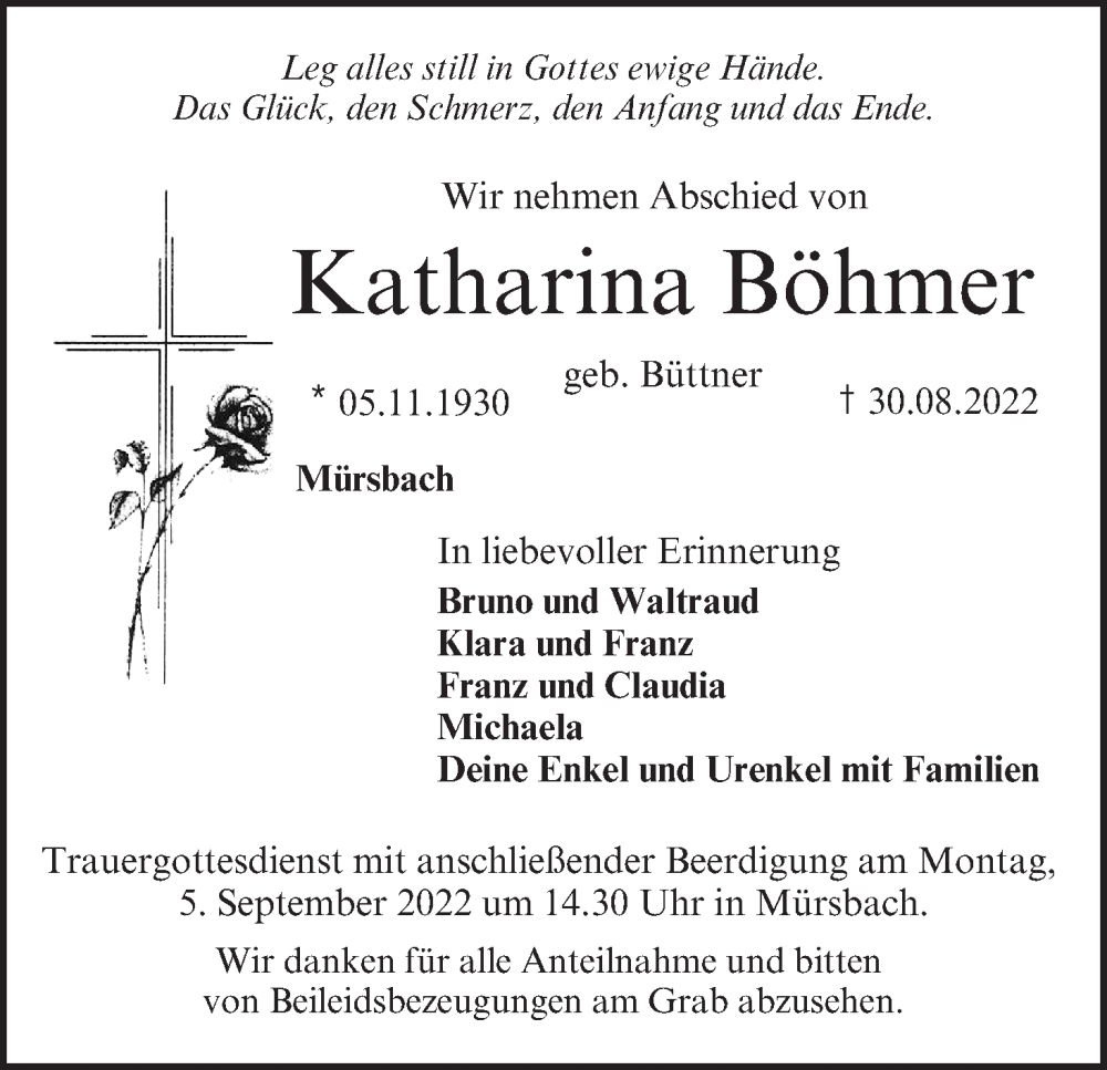  Traueranzeige für Katharina Böhmer vom 02.09.2022 aus MGO
