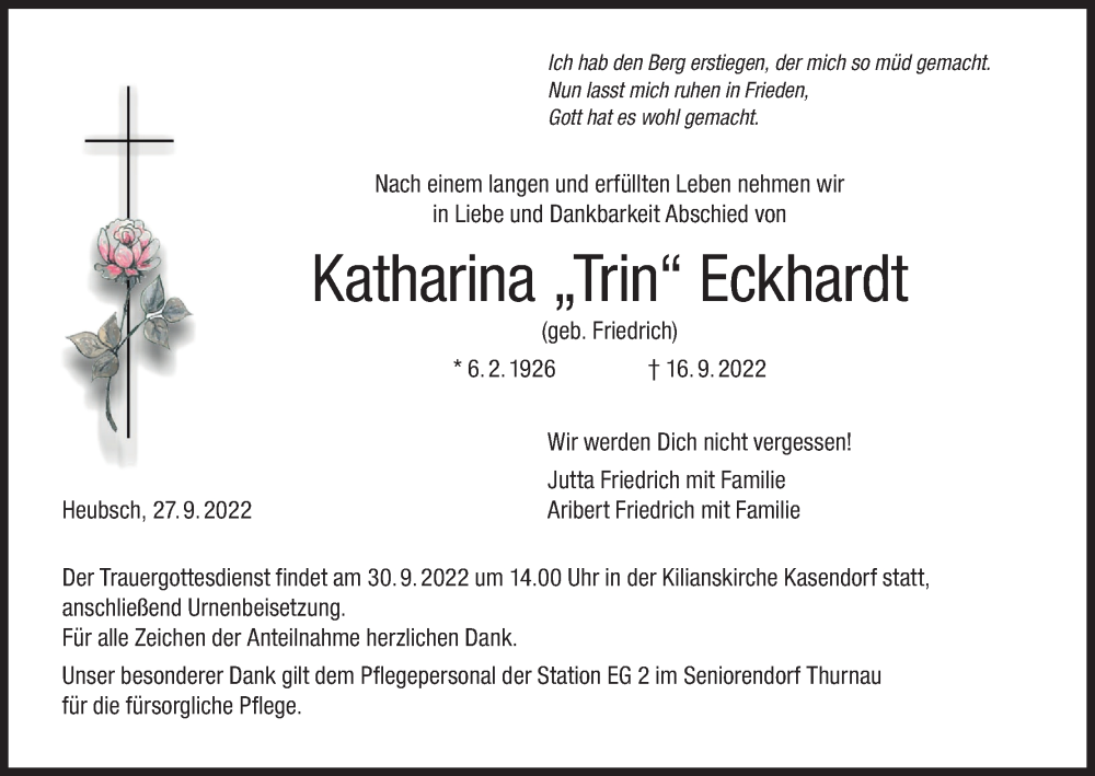 Traueranzeige für Katharina Eckhardt vom 27.09.2022 aus MGO