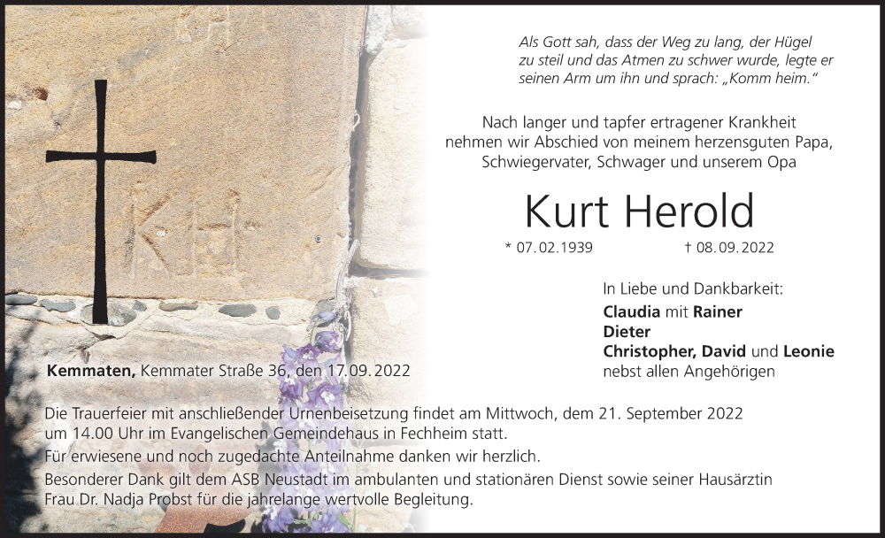  Traueranzeige für Kurt Herold vom 17.09.2022 aus MGO