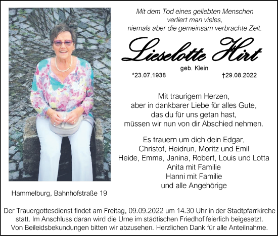 Anzeige von Lieselotte Hirt von MGO